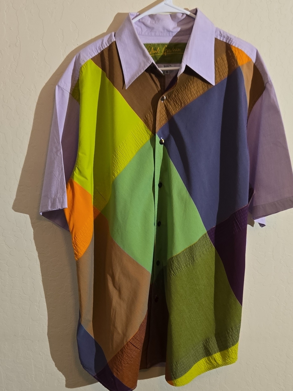 Colorblock Short Sleeve Button-Up Shirt in Lime, Lavender & Olive